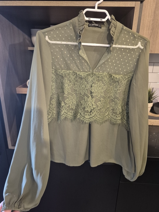 SHEIN Tops - SHEIN Olive Green Lace & Mesh Ruffle-Neck Blouse